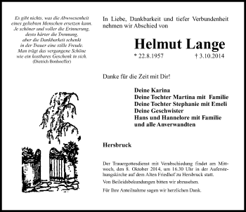 Traueranzeige von Helmut Lange von Hersbrucker Zeitung